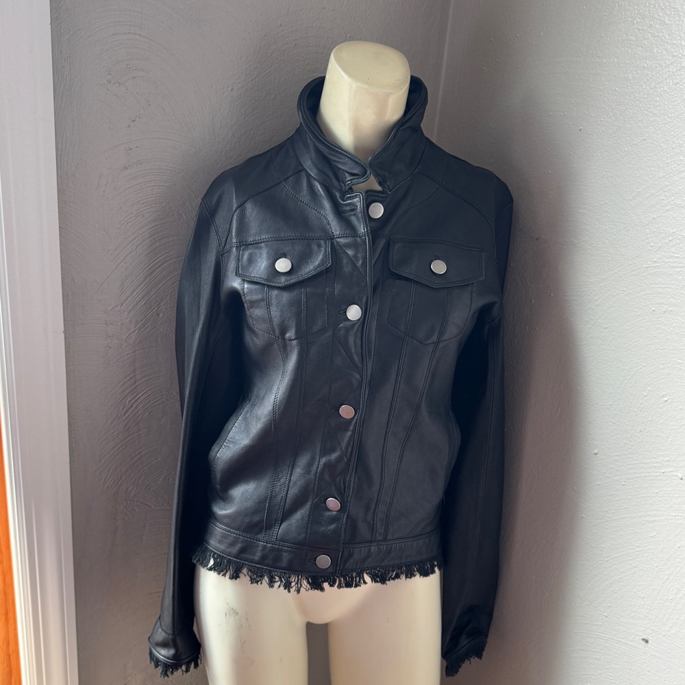 JKT NYC Alexa Patina Fringe Button Front Leather Jacket black Xs nwt